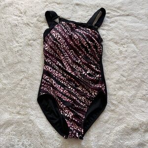 NWOT Aqua Green One-piece Women’s Asymmetrical  Swimsuit Black Pink - Size M